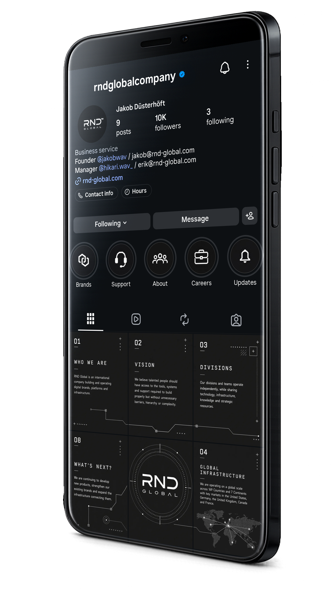 RND Global Instagram profile shown on a phone